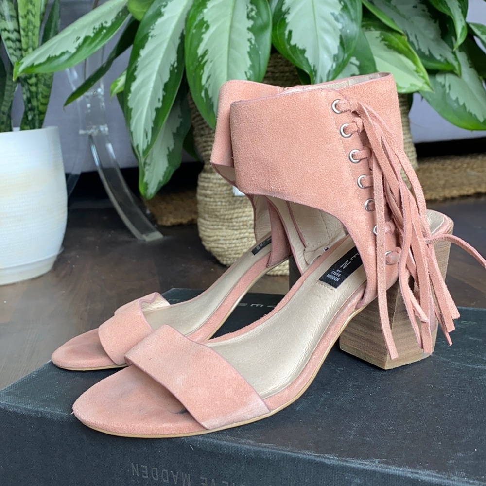 Pink Fringe Block Heels